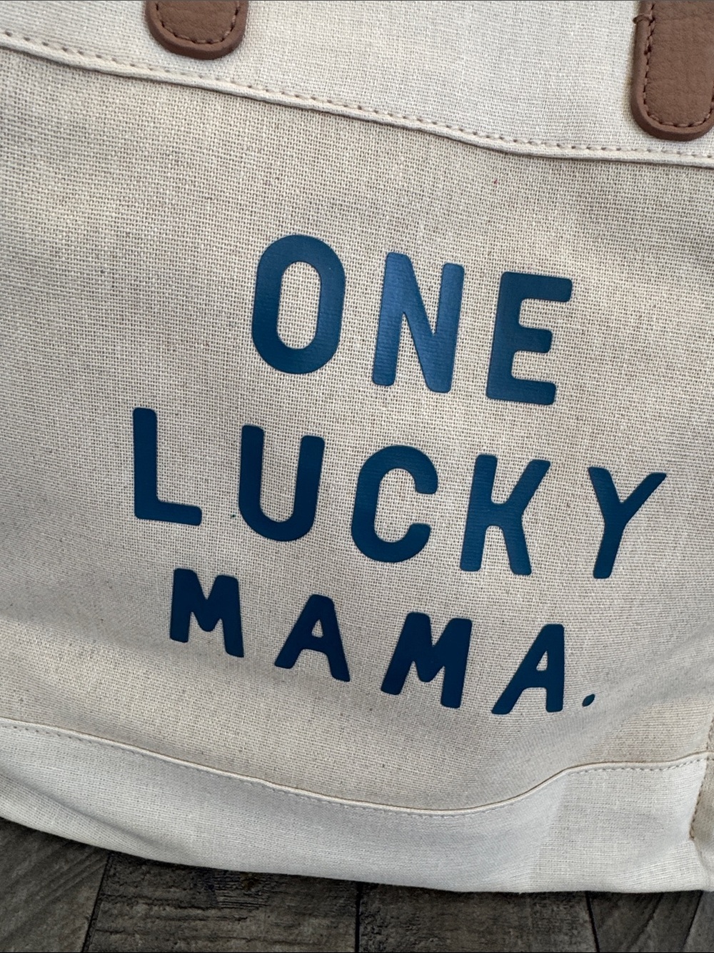 LC Lauren Conrad Cream Canvas Tote with Navy Blue Text